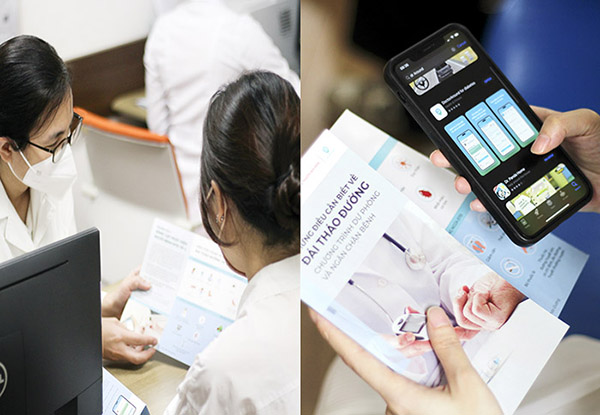베트남 하노이의대병원에서 의료진이 KT의 비대면 케어 서비스 앱 ‘닥터어라운드’ 사용법을 환자들에게 설명하고 있다. 사진 : KT